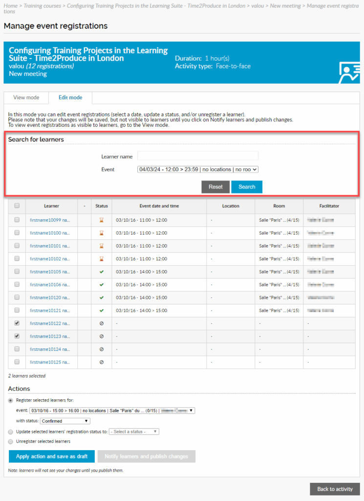 Enhanced event registration management in Blendedˣ sessions