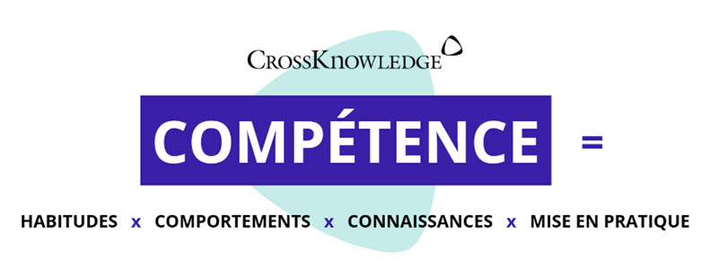 : Graphique illustrant la CrossKnowledge Capability Equation : compétences, habitudes, comportements, connaissances et mise en pratique pour des résultats concrets en entreprise.