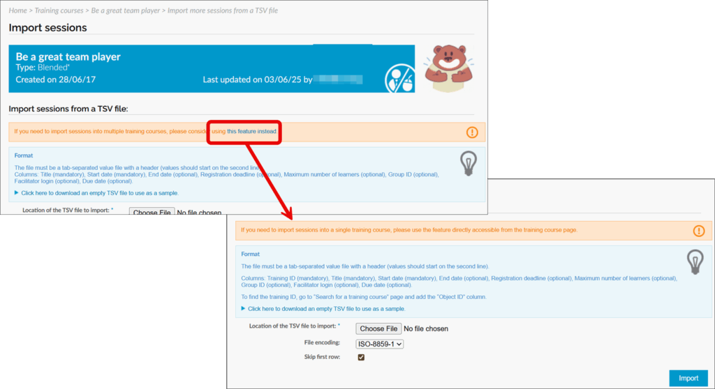 Import sessions across multiple training courses