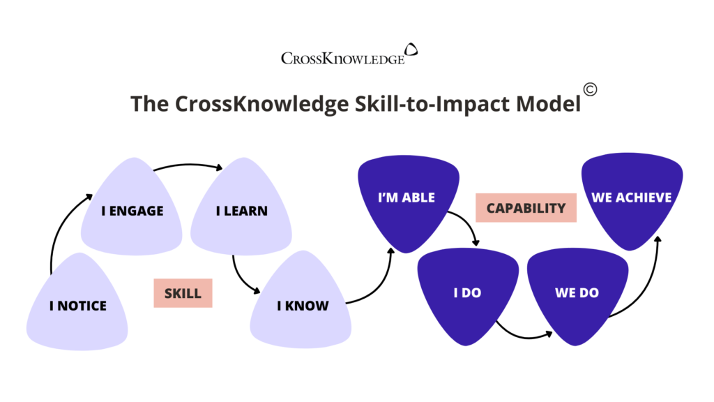 CrossKnowledge Skill-to-Impact Model showing the learner journey from 'I Notice' to 'We Achieve'. Visual framework illustrating how skill acquisition progresses into capability and drives collective performance impact.