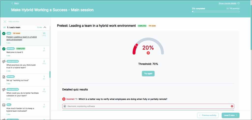 quiz activity in new experience