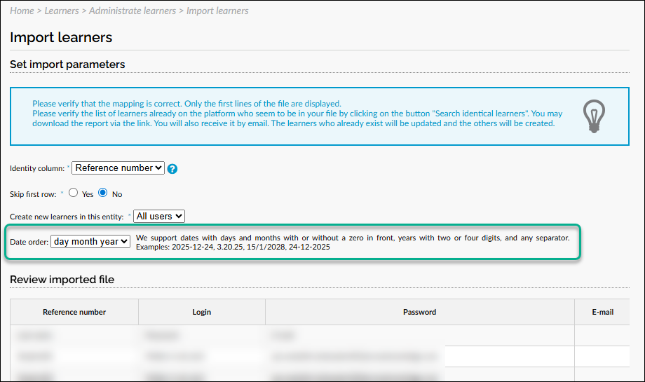 Select the date format when importing learner data