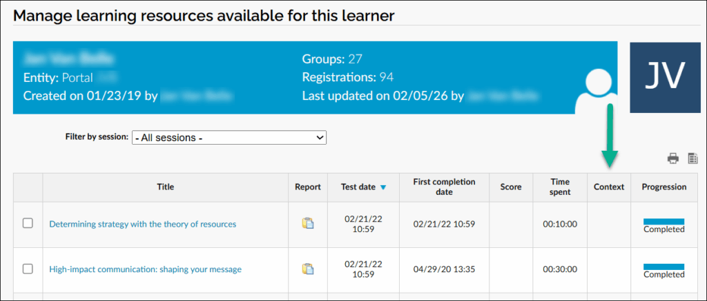 page profil de l'apprenant - tracking sans contexte