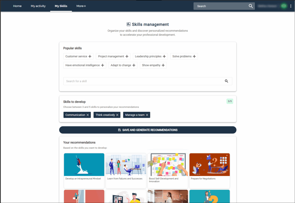 la page "My Skills", de Capabl Grow, notre moteur de recommandation basé sur les compétences et alimenté par l’IA