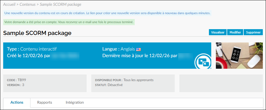Message lors de la création d'une nouvelle version d'un contenu SCORM