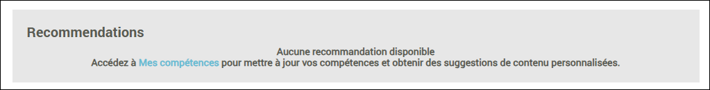 Message dédié dans le widget de recommandation lorsque aucune compétence sélectionnée